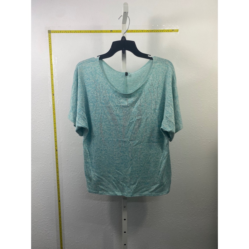 Blecker & McDougal Teal Marl Rhinestone Knit Top PXL Dolman‎ Sleeve Scoop Neck